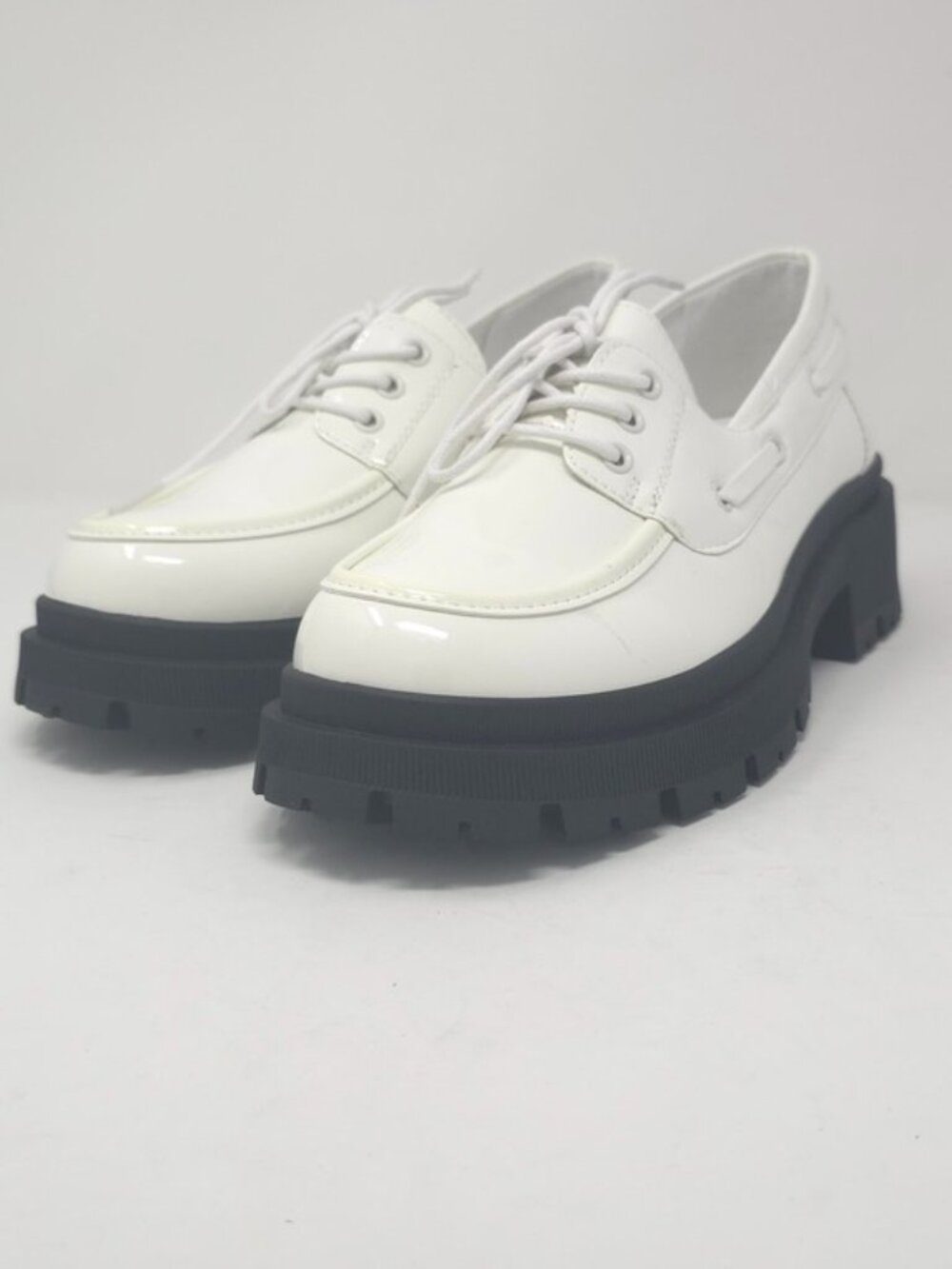 Chunky Lug Sole White Patent Oxfords Faux Leather